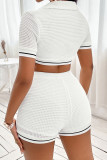 White Waffle Knit Polo Crop Top With Shorts 2pcs Set