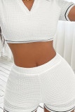 White Waffle Knit Polo Crop Top With Shorts 2pcs Set