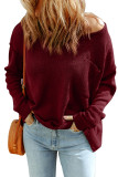 Biking Red Solid Color Off Shoulder Rib Knit Sweater with Pocket