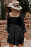 Black Bishop Sleeve Smocked Tiered Mini Dress