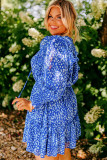 Blue Plus Size Spotted Print Split Neck Ruffle Mini Dress