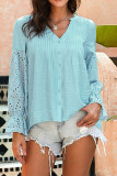 Eyelet Embroidery Lace Sleeves V Neck Button Shirt 