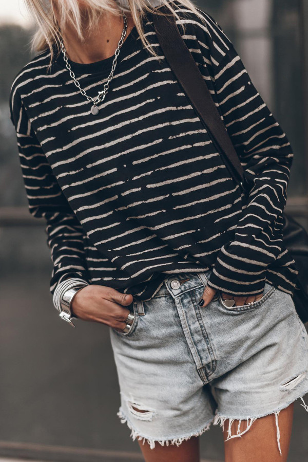 Black Retro Striped Casual Long Sleeve Top