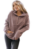 dusty pink Collared Neckline Half Zip Fluffy Pullover Sweatshirt