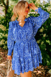 Blue Plus Size Spotted Print Split Neck Ruffle Mini Dress