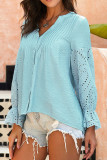 Eyelet Embroidery Lace Sleeves V Neck Button Shirt 