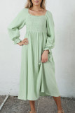 Green Smoked Flounce Sleeve Textured Empire Waist Dress