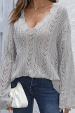 Grey V Neck Crochet Knit Sweater