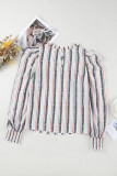 Gray Striped Colorblock Puff Sleeve Frilled Neck Blouse