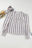 Gray Striped Colorblock Puff Sleeve Frilled Neck Blouse