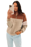 Khaki Color Block Zip Mock Neck Pocketed Sweatshirt
