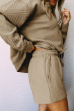 Apricot khaki Textured Long Sleeve Top and Drawstring Shorts Set