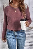 Pink Ribbed Knit Lace Patch Shoulder Casual Sweater