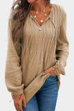 Khaki Casual Pleated V Neck Textured Loose Top