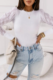 White Lace Splicing Sleeve Ribbed Slim Top