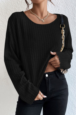 Black Lettuce Cuffs Drop Shoulder Loose Ribbed Knit Top