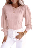 Apricot Striped Texture Knitted Bishop Sleeve Top