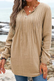 Khaki Casual Pleated V Neck Textured Loose Top