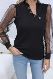 Black Sheer Glitter Puff Sleeves Buttoned Long Sleeves Top