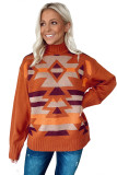 Brown Aztec Knitted High Neck Drop Shoulder Sweater