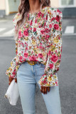 White Floral Printed Ruffle Trim Long Sleeve Blouse