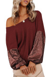 Biking Red Sequin Patchwork Sleeve Open Back Waffle Knit Top