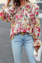 White Floral Printed Ruffle Trim Long Sleeve Blouse