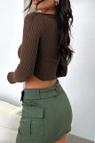 Plain Twisted Open Bust Rib Long Sleeves Crop Top