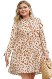 Oatmeal Leopard Print Ruffle Long Sleeve Plus Size Mini Dress