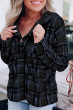 Black Plaid Button Neck Pocketed Pullover Hoodie