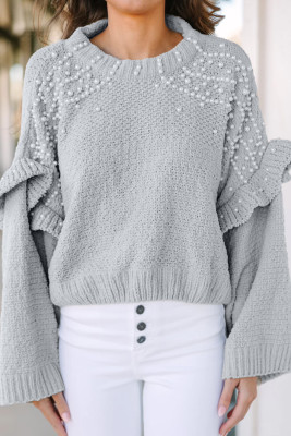 Gray Pearl Embellished Ruffle Wide Sleeve Sweater