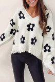 Beige Floret Knitted V Neck Distressed Sweater