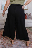 Black Buttoned Lace-up Waist Wide Leg Plus Size Pants