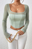 Mint Square Neck Mesh Splicing Long Sleeves Crop Top