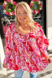 Red Plus Size Floral Sweetheart Neck Babydoll Blouse