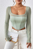 Mint Square Neck Mesh Splicing Long Sleeves Crop Top