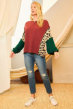 Brown Leopard Splicing Waffle Color Block Puff Sleeve Top