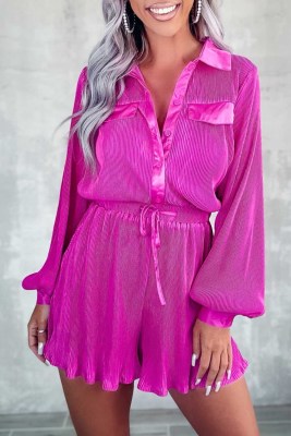 Rose Pleated Long Sleeve Buttoned Drawstring Romper