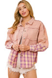 Pink Frayed Patchwork Plaid Contrast Jacket