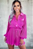 Rose Pleated Long Sleeve Buttoned Drawstring Romper
