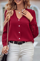 Plain V Neck Button Up Embroidery Lace Patchwork Long Sleeves Blouse