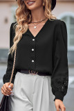 Plain V Neck Button Up Embroidery Lace Patchwork Long Sleeves Blouse
