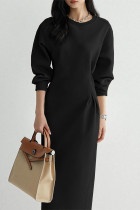 Black Solid Color Cinched Waist Long Sleeve Maxi Dress
