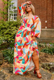 Multicolor Plus Size Abstract Printed Bishop Sleeve Maxi Dress