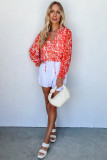 Red Floral Ruffled Notched V-Neck Blouse