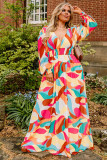 Multicolor Plus Size Abstract Printed Bishop Sleeve Maxi Dress