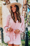 Pink Ripped Surplice V Neck Bubble Sleeve Romper