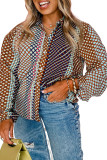 Brown Plus Size Mix Dotted Patchwork Button up Shirt
