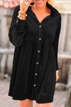 Black Long Sleeve Ruffle Velvet Button Up Dress
