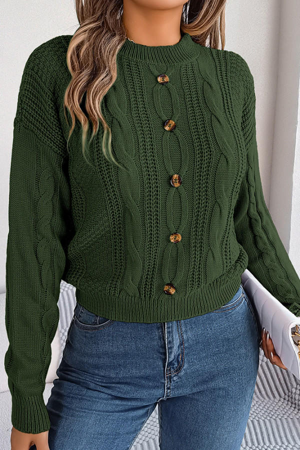 Plain Buttoned Cable Knit Sweater
